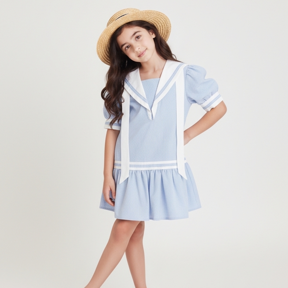 Blue and White Kids Casual Dress With White Hat.